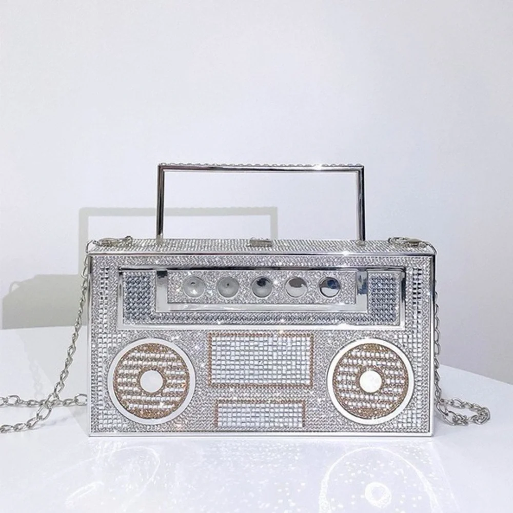 Boombox Clutch Silver Gem Purse Y2K Festival Vegas Bachelorette Statement Bag